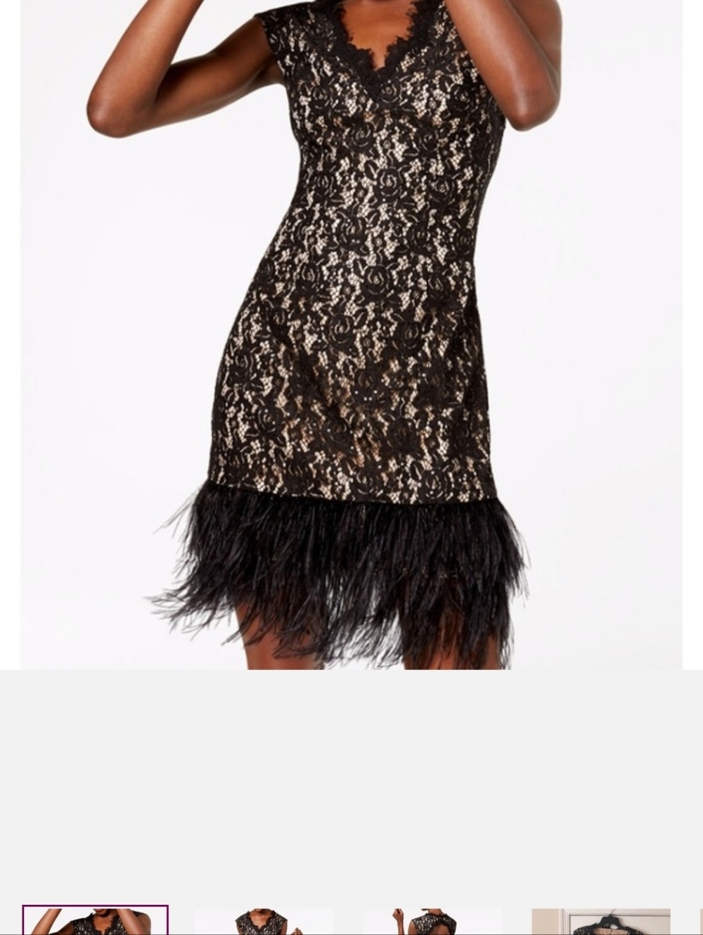 Vince Camuto Black Lace Dress with Nude Lining And Feathers